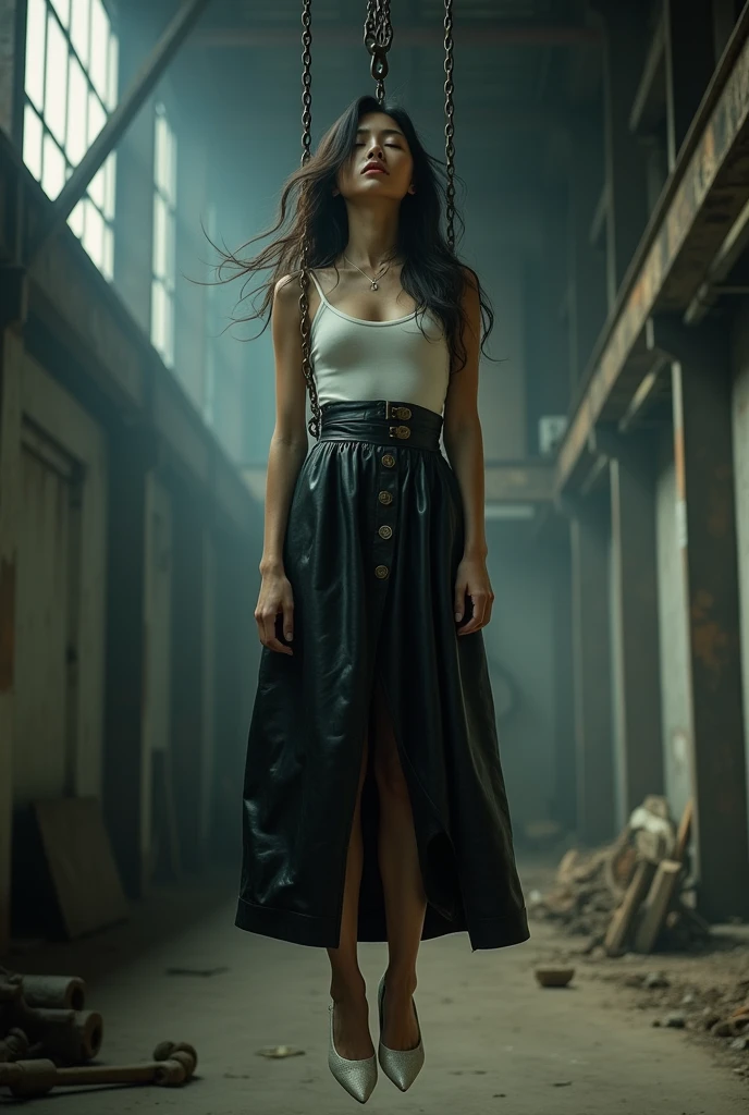 gothic woman walking through through an abandoned building wearing a black pvc skirt