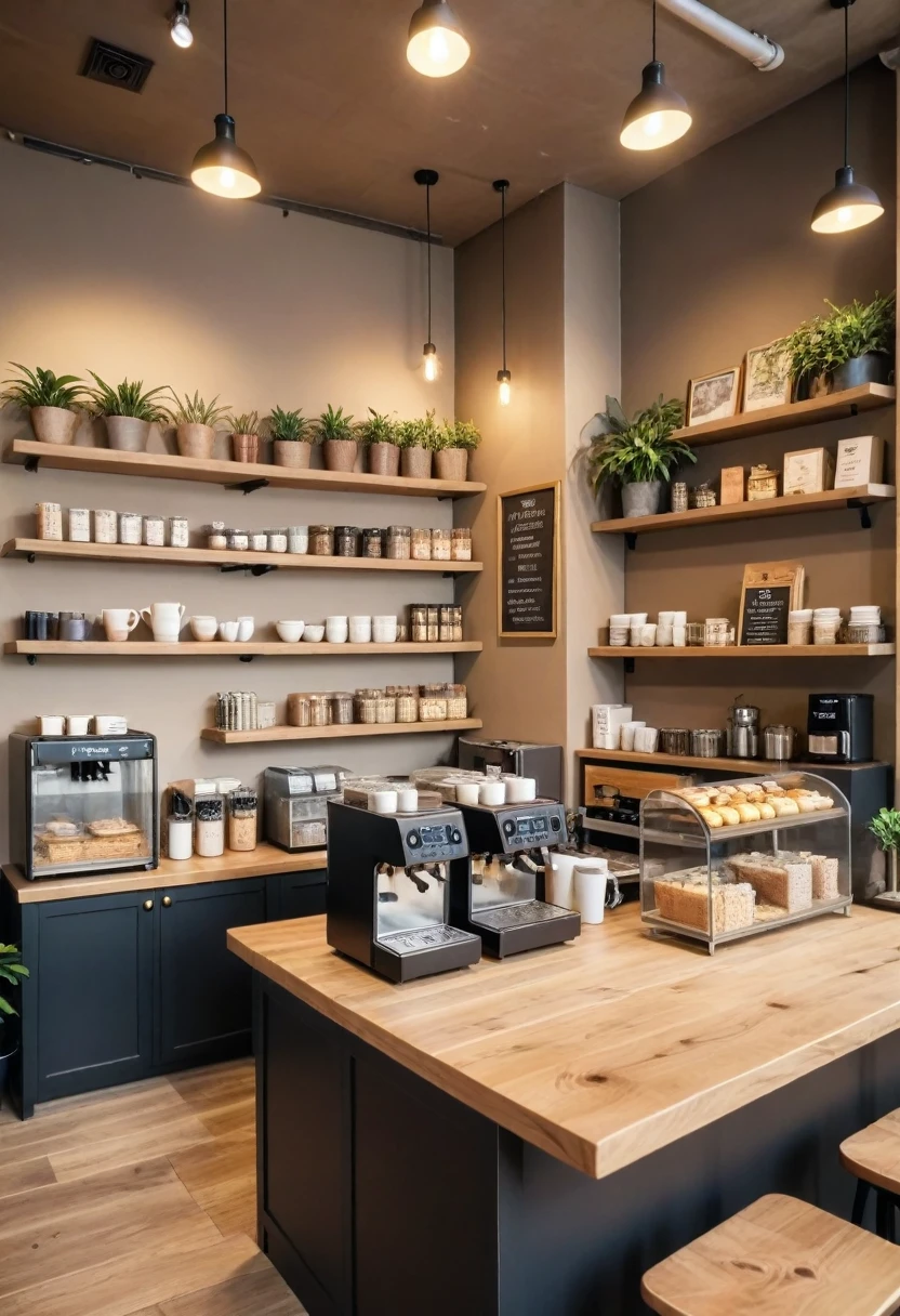 Detailed image of designing a cozy coffee shop interior. Includes warm wooden tables and several customers enjoying coffee. With stylish counter and espresso machine, Pastry and cake display, and shelves filled with coffee-related items. Add decorative plants and artwork to the walls. Ensure softness, Warm lights illuminate the entire space. The entire image should have rounded corners，To create a soft and seductive look.