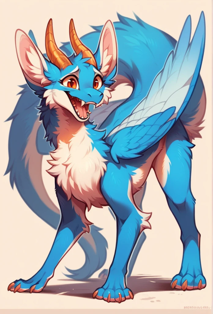 furry art, solo feral, furred dragon, female, full body, white and blue fur, thicc, big ears, wings, horns, tail, chest fluff, paws, fangs,  ton back, close up, embarrassed, happy, bent over, bent over with her ass to the viewer , extra fluffy,  extra fluffy, quadruped, 