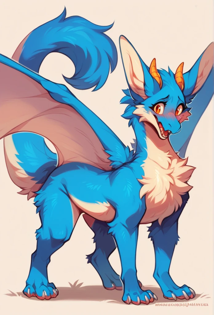 furry art, solo feral, furred dragon, female, full body, white and blue fur, thicc, big ears, wings, horns, tail, chest fluff, paws, fangs,  ton back, close up, embarrassed, happy, bent over, bent over with her ass to the viewer , extra fluffy,  extra fluffy, quadruped, 