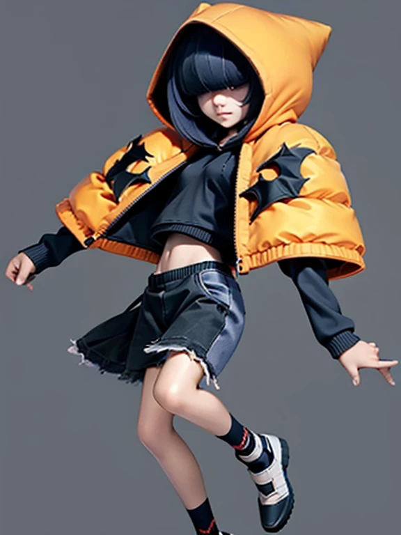 (masterpiece), (High resolution), (Full body portrait), （Punk Rock）、Orange short hair、Rainbow colored long sleeve sweater with hood、 Dark atmosphere, Flat Illustration, Creepy Appearance, Characteristic hairstyle, creative accessories, Unique atmosphere,A Little Nightmare、Jumping