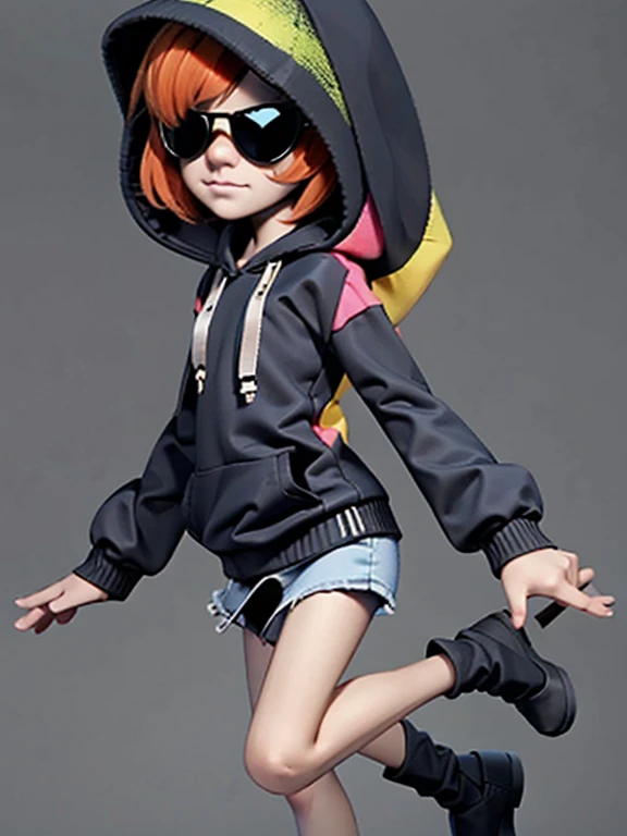 (masterpiece), (High resolution), (Full body portrait), （Punk Rock）、Orange short hair、Rainbow colored long sleeve sweater with hood、 Dark atmosphere, Flat Illustration, Creepy Appearance, Characteristic hairstyle, creative accessories, Unique atmosphere,A Little Nightmare、Jumping