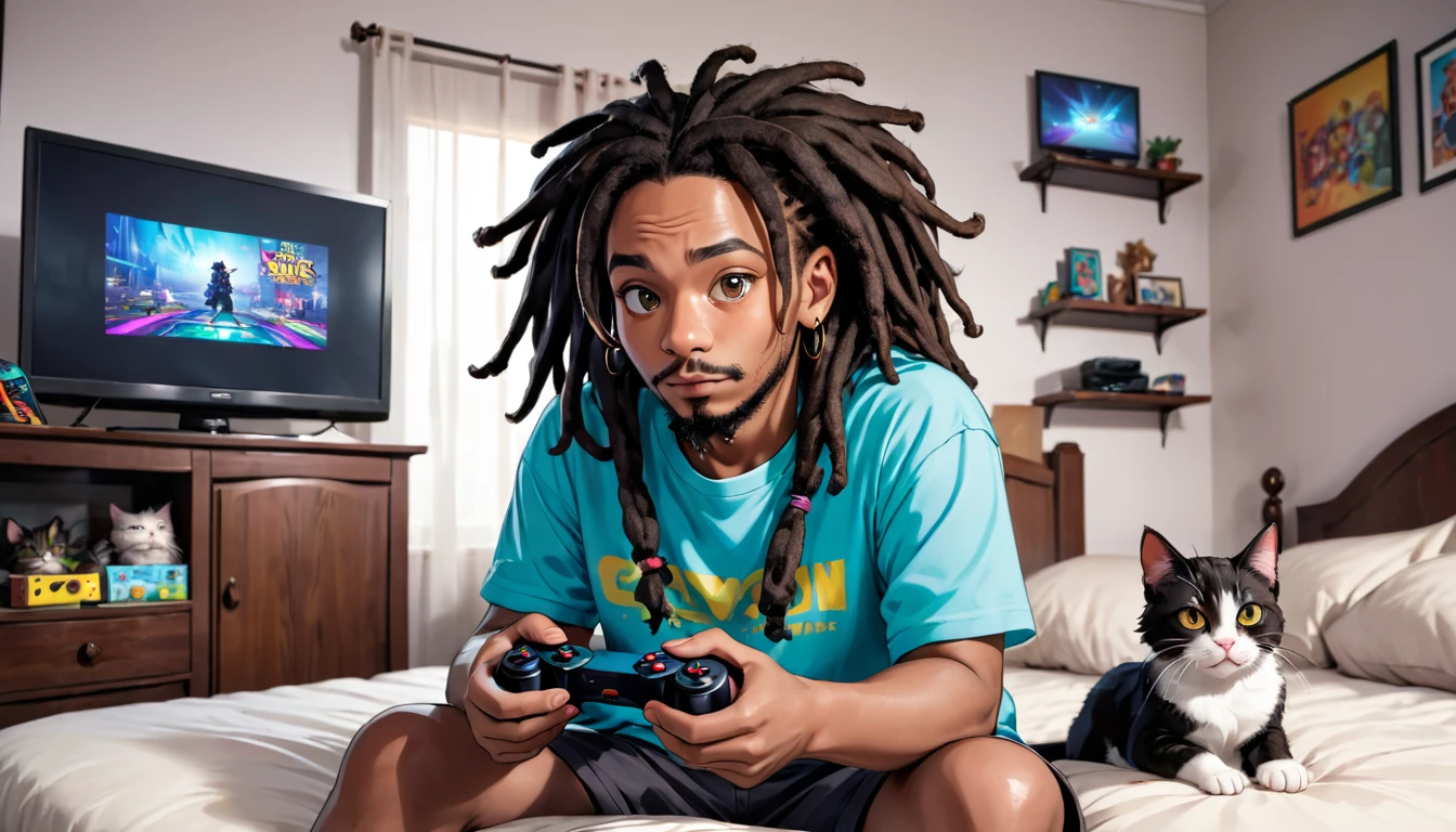 a black adult male with dreadlocks, sitting in room, playing video games on a tv, game controller in his hands, 2 cats on a bed,