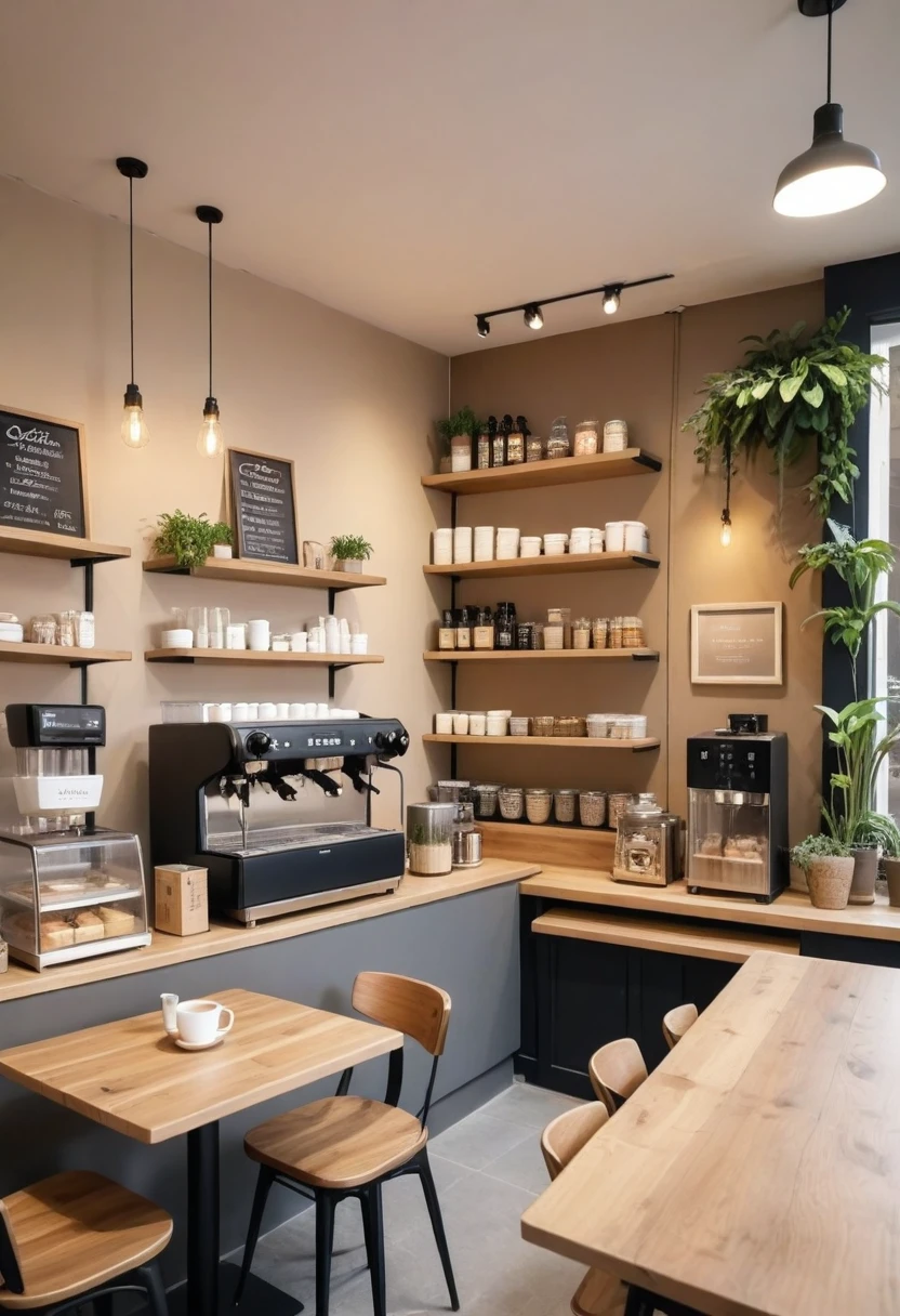 Detailed image of designing a cozy coffee shop interior. Includes warm wooden tables and several customers enjoying coffee. With stylish counter and espresso machine, Pastry and cake display, and shelves filled with coffee-related items. Add decorative plants and artwork to the walls. Ensure softness, Warm lights illuminate the entire space. The entire image should have rounded corners，To create a soft and seductive look.