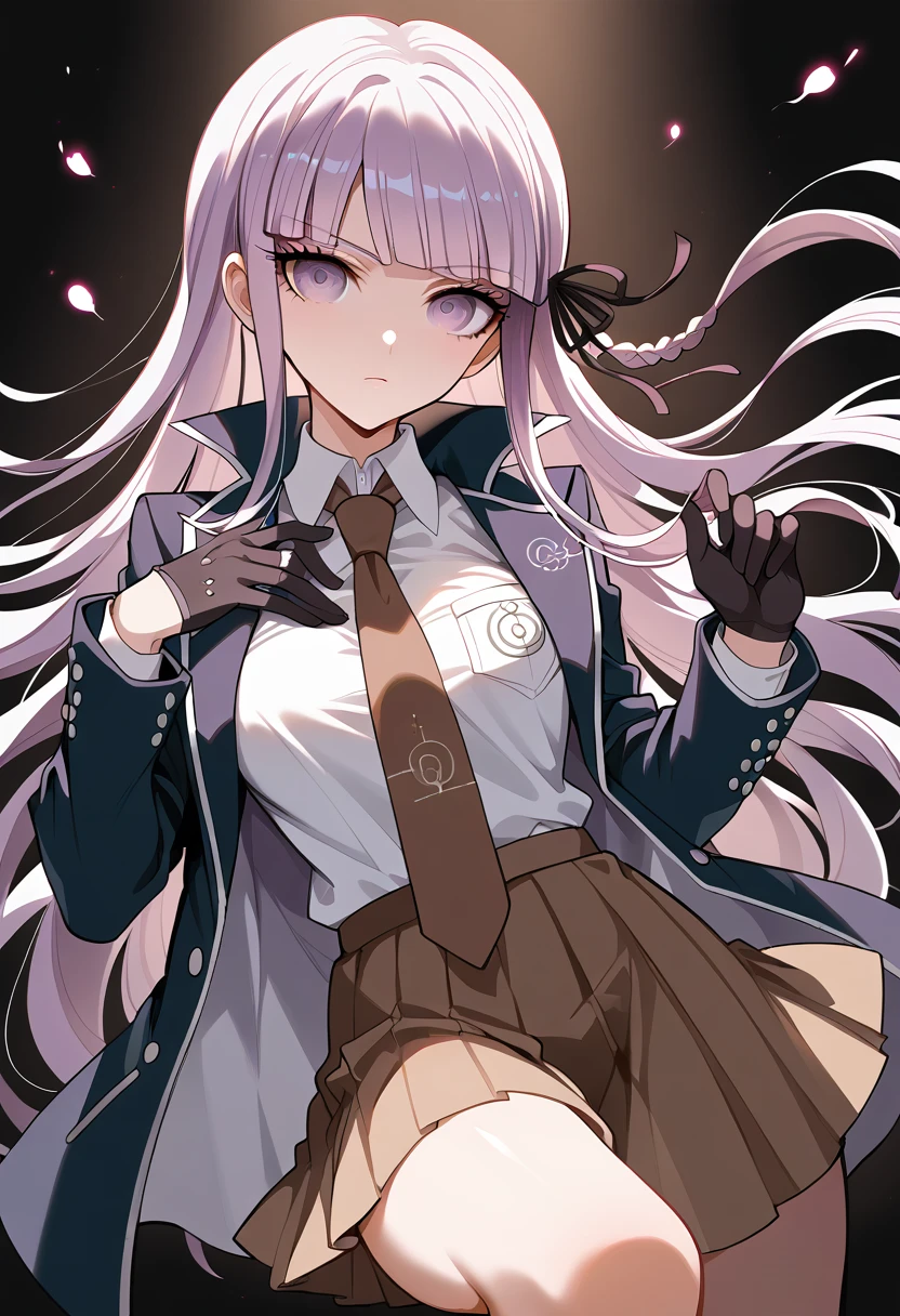 masterpiece,High resolution,Highest quality,8k
(Danganronpa,Kyouko Kirigiri,Purple Hair,Long Hair,Side braiding,Purple eyes,slender)(Black Ribbon,Black gloves,White collared shirt,Purple open jacket,Black pleated skirt,Brown tie,Printed necktie)