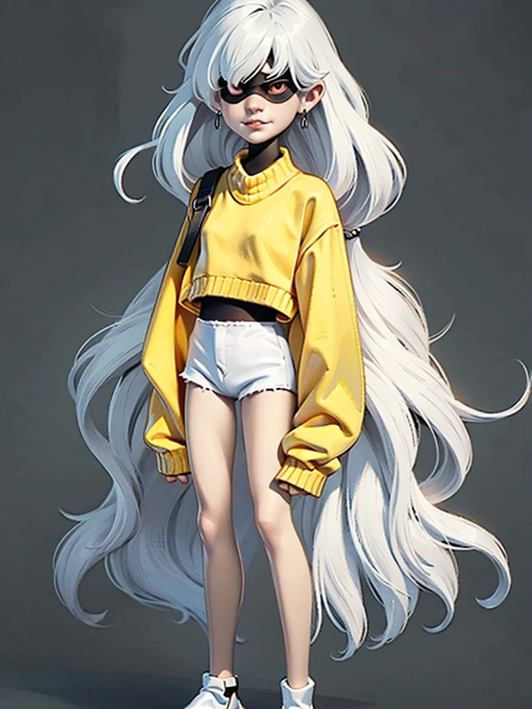 (masterpiece), (High resolution), (Full body portrait), （Punk Rock）、White Hair、Long sleeve sweater、 Dark atmosphere, Flat Illustration, Creepy Appearance, Characteristic hairstyle, creative accessories, Unique atmosphere,A Little Nightmare
