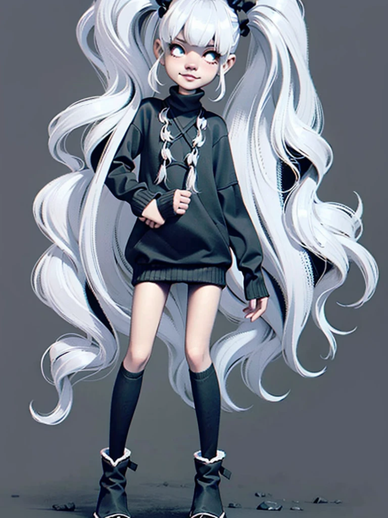 (masterpiece), (High resolution), (Full body portrait), （Punk Rock）、White Hair、Long sleeve sweater、 Dark atmosphere, Flat Illustration, Creepy Appearance, Characteristic hairstyle, creative accessories, Unique atmosphere,A Little Nightmare
