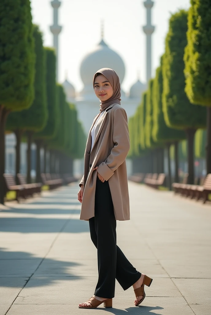 a Javanese Indonesian woman (25 years old, hijab, thin body, Indonesian skin, wearing a thick winter jacket, brown trousers) standing straight like a model in a photo of the Great Paris Eiffel Tower slightly tilted to the side, visible face, night atmosphere, minimal lighting, sunset light. ultra HD, original photo, very detailed very sharp, 18mm lens, realistic, photography, leica camera