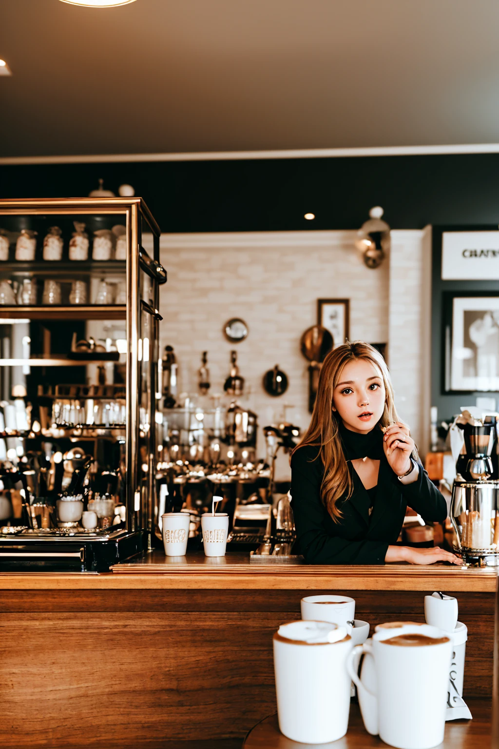 ((masterpiece, Highest quality, Best image quality, High resolution, Realistic, RAW Photos, 8k)), ((Highly detailed CG synthesis 8k wallpaper)), Incredible beauty, Perfect Proportions, Beautiful body, Slim body beauty:1.4),  suit　Coffee Shop　blond Woman　A woman drinking coffee at a counter seat