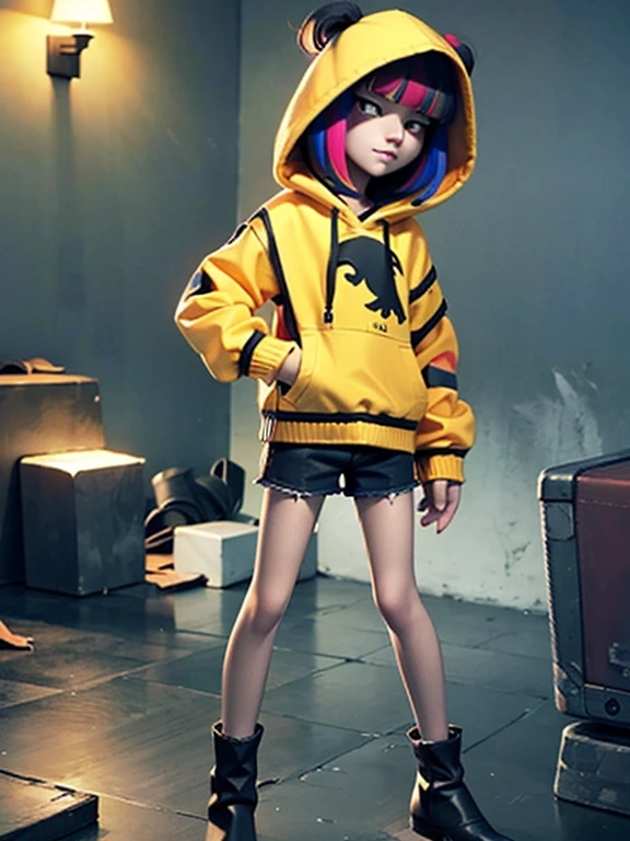 (masterpiece), (High resolution), (Full body portrait), （Punk Rock）、Orange short hair、Rainbow colored long sleeve sweater with hood、 Dark atmosphere, Flat Illustration, Creepy Appearance, Characteristic hairstyle, creative accessories, Unique atmosphere,A Little Nightmare、holding a pistol in both hands