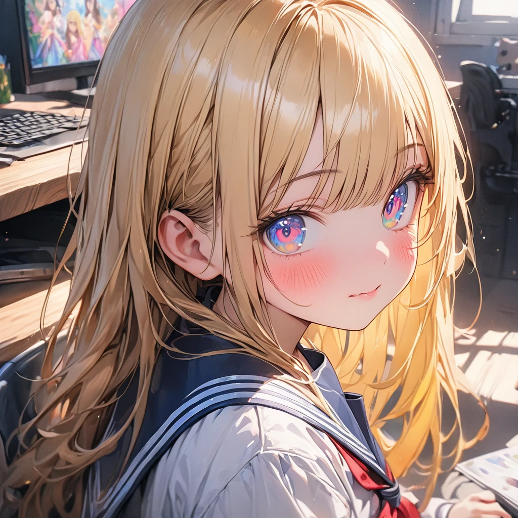 ((masterpiece)), ((Highest quality)), (Super Detail:1.2), (High resolution:1.3), ((Very detailed)), (8k), (Professional photography:1.2), (so beautiful:1.2), (Sharp focus), (Perfect light), (Cast a Shadow), cute young Girl, Shiny straight hair, (Loose bangs), ((Blonde Hair)), Highlighted Hair, ((Close)), (A cunning expression), Long Hair, Big eyes, Colorful eyes, blush, ((Droplet)), cute cheeks, Glossy Lips, ((Highest quality)), (school uniform, Sailor suit), ((Great joy:1.2, Banzai:1.2, Great fun:1.2)), cute makeup, ((Computer desk)), cute, (Beautiful paintings),