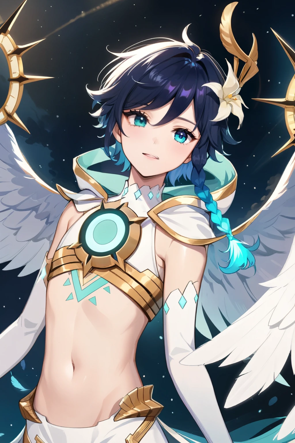 masterpiece,best quality,very aesthetic,absurdres,1boy,venti_/(archon/)_/(genshin_impact/),male_focus,detailed_eyes,(gnns:0.25),white feathered_wings,white halter crop top,white shorts,hair_flower,midriff,black blue hair gradient,dsmile,((flat chest)),slender,small waist,starry_sky,moon,starry_sky_print,((bluegreen eyes)),slender,feathers,divine,detailed_eyes,long_eyelashes,pink_lips,glossy lips,narrow_waist,wide_hips,bare stomach,seductive,flirtatious,iridescent volumetric light, god rays, heavenly,cosmic,celestial,perfect elegant hands,(realistic:0.25),Monet, pixiv fantasia 