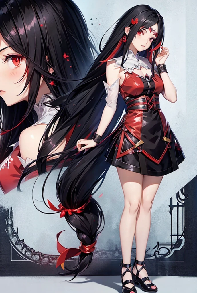 Anime Girl Long Black Hair With Red Highlights Red Eyes, Red eyes, in a val dress dancing Multiple views, hair ornament, shine, 