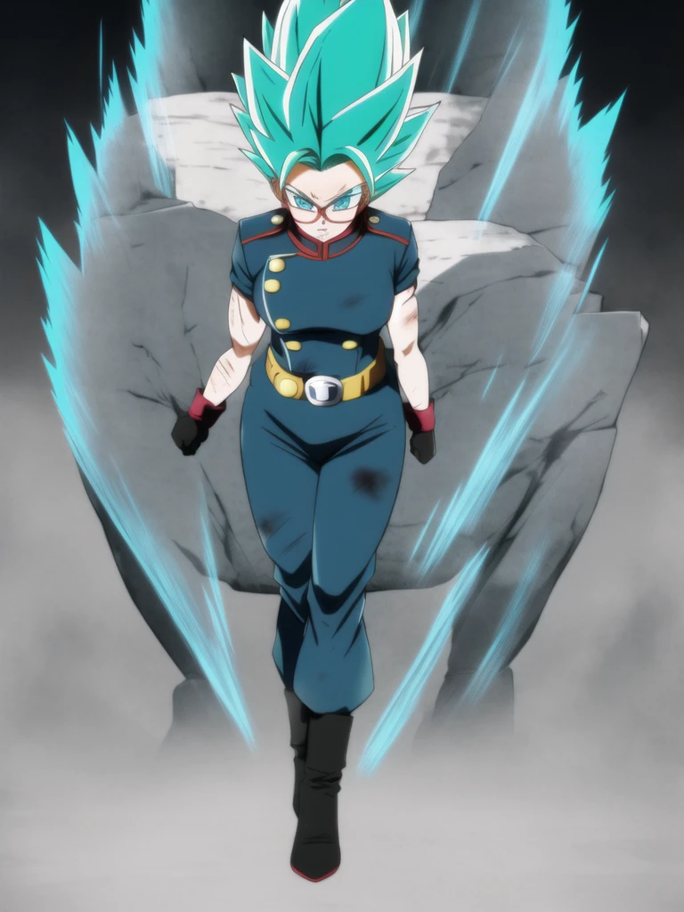 dbsuper style, 
Girl, green aura, super saiyan aura, belt, cyan hair, huge hair, bruise, bruise on face, clenched hands, frown, glasses, gloves, blue eyes, grey gloves, injury, medium breasts, huge muscular, solo, spiked hair, super saiyan, super saiyan 4, mouth opened, furious, military's uniform, widow's preak
, ((masterpiece)) 
