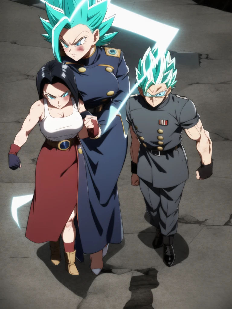 dbsuper style, 
Girl, green aura, super saiyan aura, belt, cyan hair, huge hair, bruise, bruise on face, clenched hands, frown, glasses, gloves, blue eyes, grey gloves, injury, medium breasts, huge muscular, solo, spiked hair, super saiyan, super saiyan 4, mouth opened, furious, military's uniform, widow's preak
, ((masterpiece)) 
