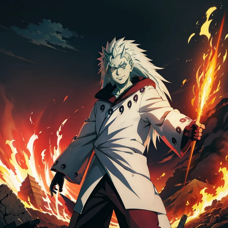 1 adult male, Madara Uchiha smiling in a deranged manner, holding a kunai, detailed, necessary, a dark destroyed city in the background, anime style