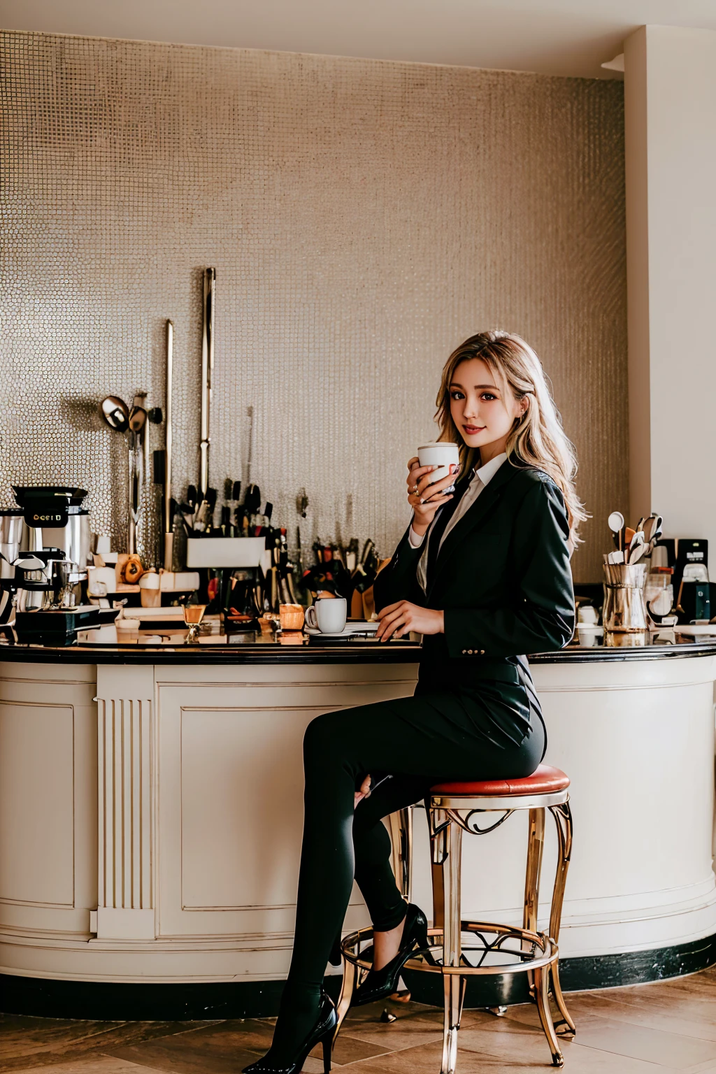 ((masterpiece, Highest quality, Best image quality, High resolution, Realistic, RAW Photos, 8k)), ((Highly detailed CG synthesis 8k wallpaper)), Incredible beauty, Perfect Proportions, Beautiful body, Slim body beauty:1.4),  suit　Coffee Shop　blond Woman　A woman drinking coffee at a counter seat　woman in her 30s　Our eyes meet and we smile