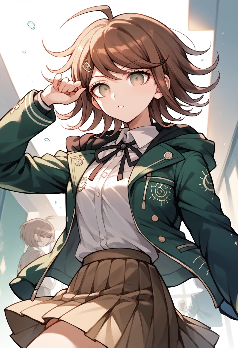 masterpiece,High resolution,Highest quality,8k
(,Shyness,otoko no ko,Danganronpa,chihiro fujisaki)(Brown Hair,short hair,bangs)
(Green jacket,Black Neck Ribbon,Brown pleated skirt)