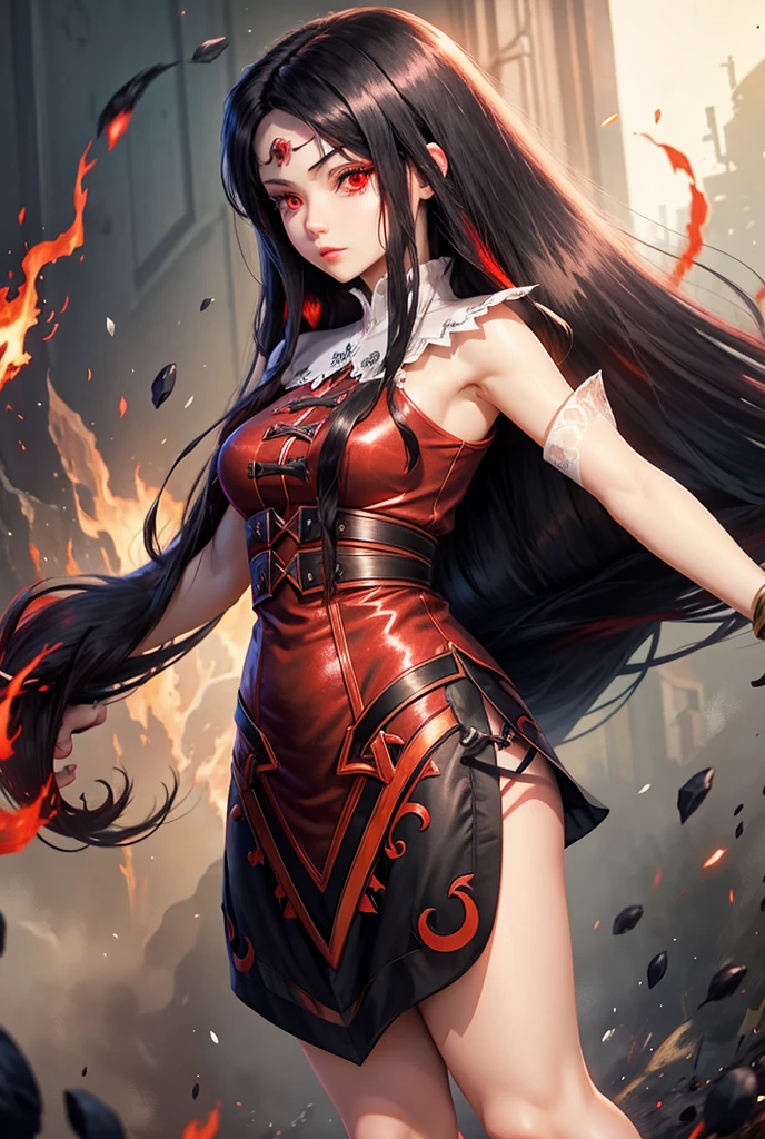 Anime Girl Long Black Hair With Red Highlights Red Eyes, Red eyes, in a val dress dancing Multiple views, hair ornament, shine, 