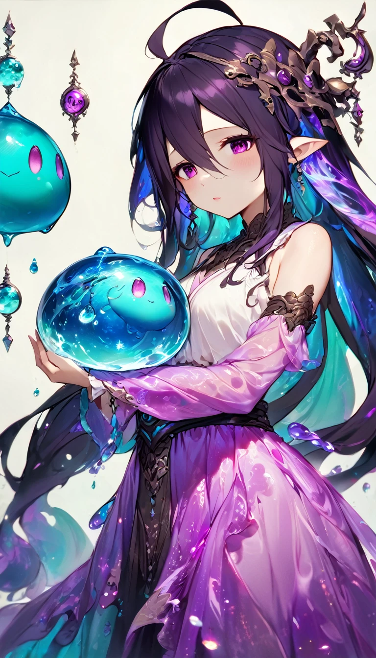 (masterpiece), (best quality:1.4), (perfect anatomy:1.4), high quality, expressive eyes, portrait, detailed face, beautiful face, perfect face, {1 girl}, In her slime form, Danua is a mesmerizing entity, her amorphous body pulsating with vibrant colors and otherworldly energy. She takes on a fluid, gelatinous appearance, constantly shifting and morphing with an almost hypnotic fluidity. Danua's slime form is translucent, allowing glimpses of the swirling colors and patterns that ripple beneath her surface. Shades of deep emerald, green mingle with iridescent blues and purples, creating an ethereal kaleidoscope of hues that dance and shimmer in the light. Her form lacks defined features, instead resembling a constantly shifting mass of gel-like substance. However, there is a sense of grace and purpose to her movements, as if she possesses a silent intelligence that guides her every shift and flow. Despite her lack of a solid form, Danua exudes an undeniable presence in her slime state. She radiates an aura of ancient power and mystique, her ever-changing form hinting at the depths of her enigmatic nature. Overall, Danua's slime form is a mesmerizing spectacle, a symphony of colors and shapes that captivates the eye and sparks the imagination.