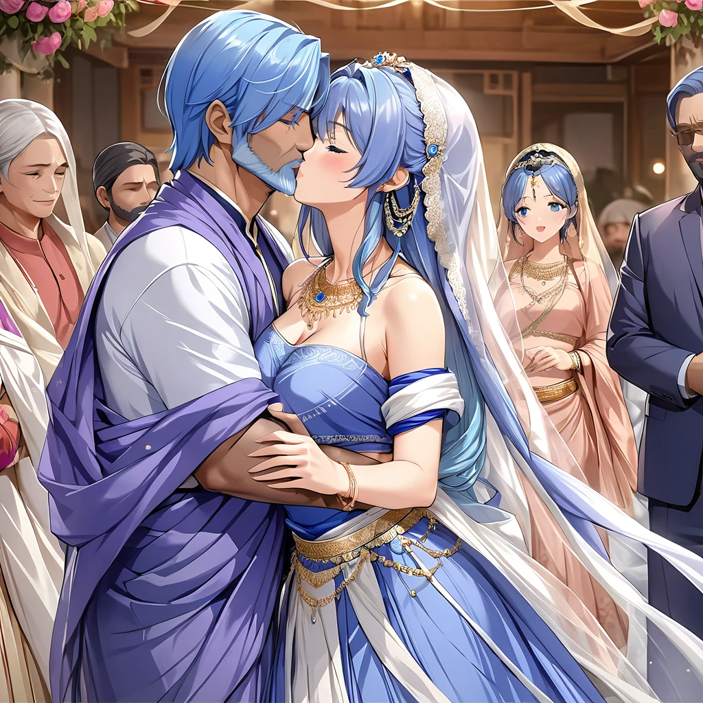 ((Highest quality)), ((masterpiece)), (detailed), （Perfect Face）、The woman is Extia and has blue hair.、The woman is wearing the traditional Indian dress, a sari.、The woman is embracing and kissing a middle-aged Indian man with a beard in their wedding ceremony.