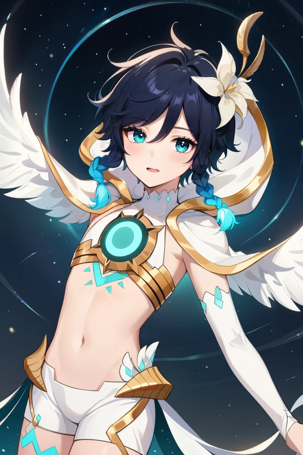 masterpiece,best quality,very aesthetic,absurdres,1boy,venti_/(archon/)_/(genshin_impact/),male_focus,detailed_eyes,(gnns:0.25),white feathered_wings,white halter crop top,white shorts,hair_flower,midriff,black blue hair gradient,dsmile,((flat chest)),slender,small waist,starry_sky,moon,starry_sky_print,((bluegreen eyes)),slender,feathers,divine,detailed_eyes,long_eyelashes,pink_lips,glossy lips,narrow_waist,wide_hips,bare stomach,seductive,flirtatious,iridescent volumetric light, god rays, heavenly,cosmic,celestial,perfect elegant hands,(realistic:0.25),Monet, pixiv fantasia 