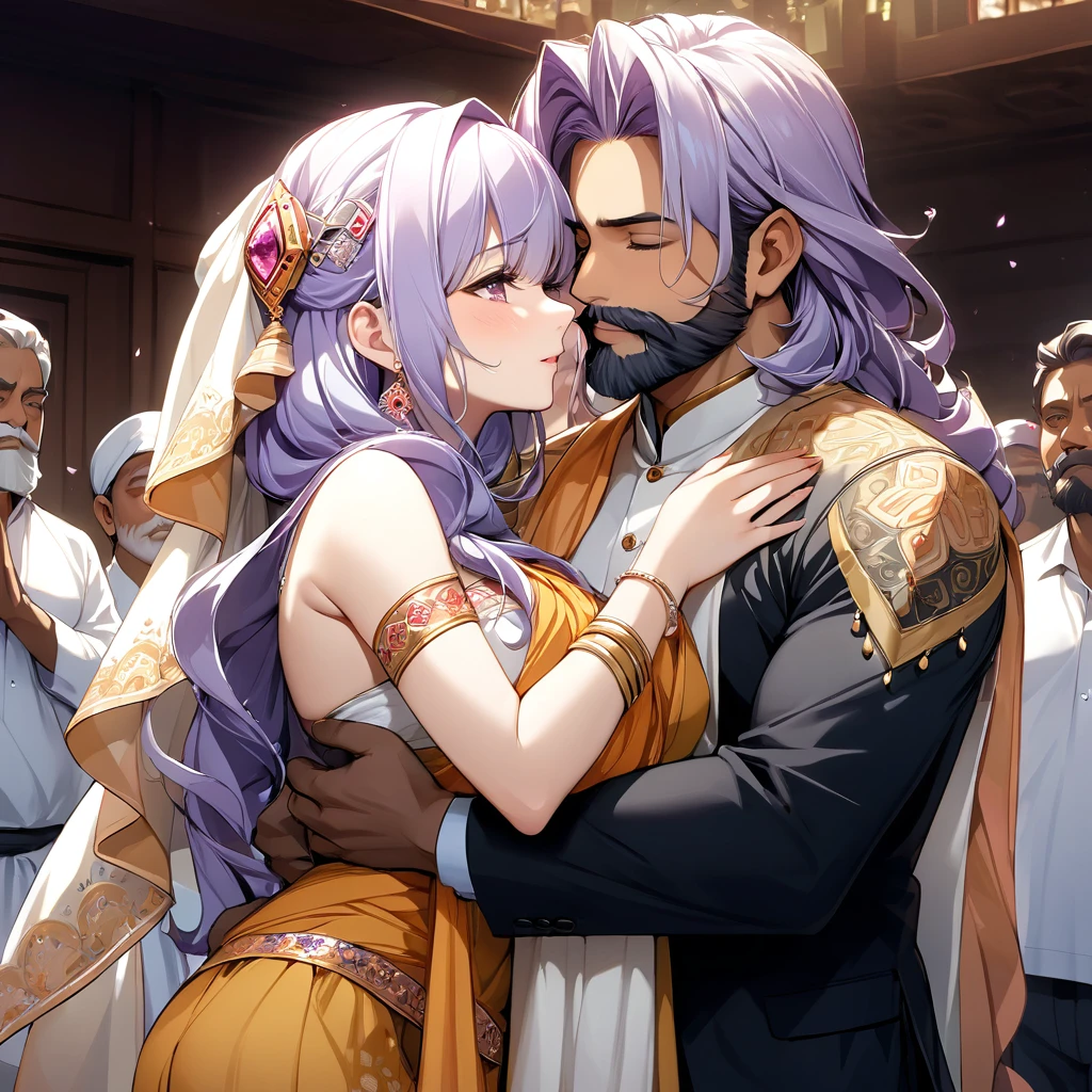 ((Highest quality)), ((masterpiece)), (detailed), （Perfect Face）、The woman has light purple hair in Extia Magica、The woman is wearing the traditional Indian dress, a sari.、The woman is embracing and kissing a middle-aged Indian man with a beard in their wedding ceremony.