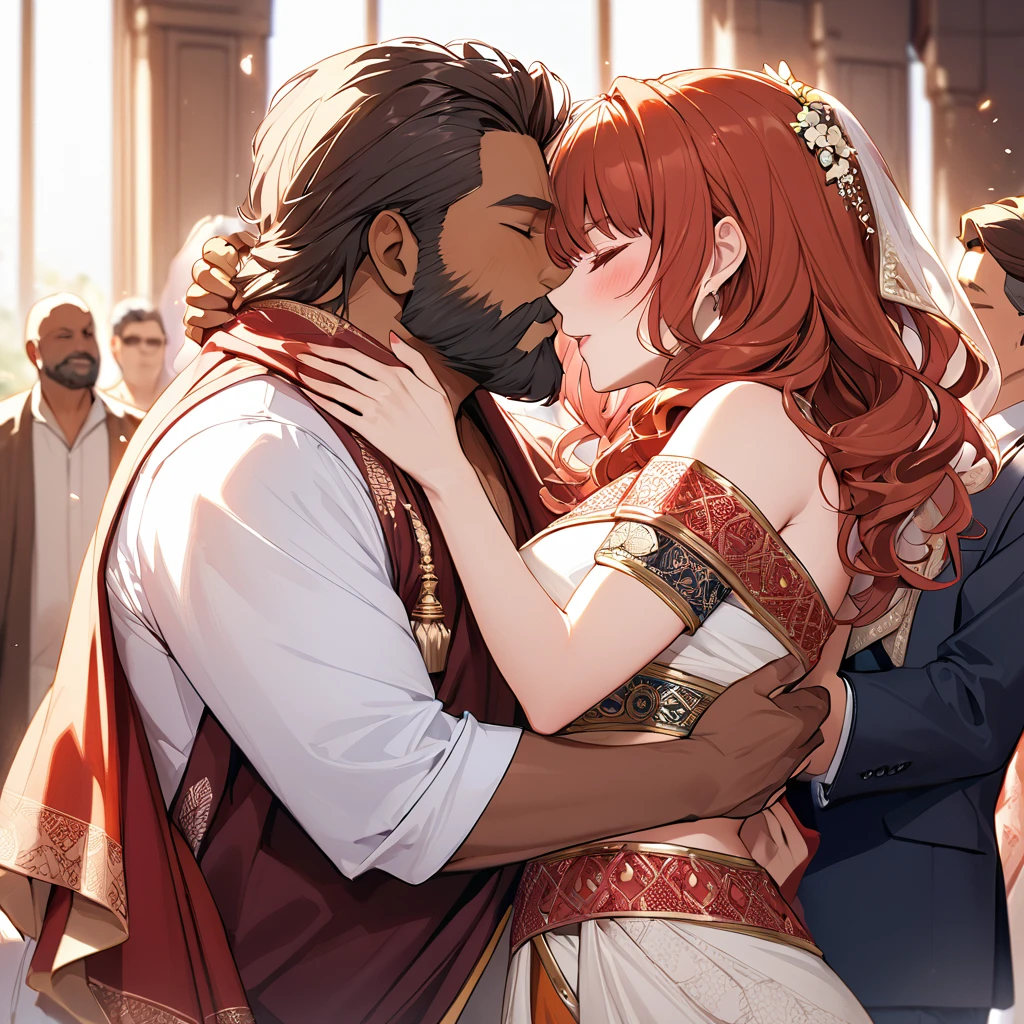 ((Highest quality)), ((masterpiece)), (detailed), （Perfect Face）The woman is a Celica with red hair.、The woman is wearing the traditional Indian dress, a sari.、The woman is embracing and kissing a middle-aged Indian man with a beard in their wedding ceremony.