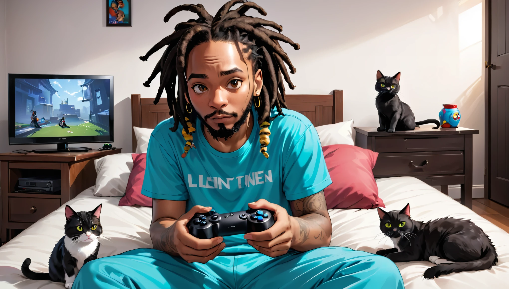 a black adult male with dreadlocks, sitting in room, playing video games on a tv, game controller in his hands, 2 cats on a bed,