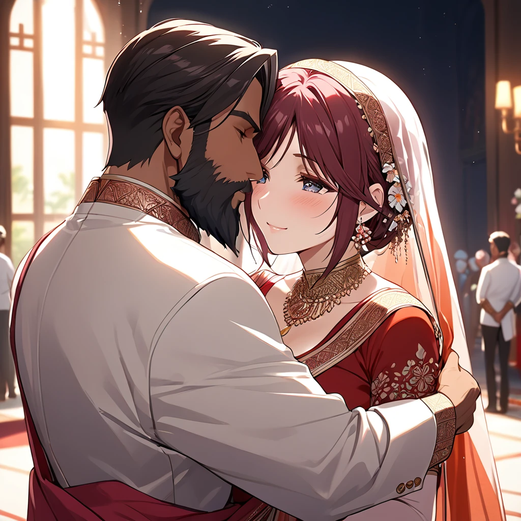 ((Highest quality)), ((masterpiece)), (detailed), （Perfect Face）The woman is Lunamaria Hawke、The woman is wearing the traditional Indian dress, a sari.、The woman is embracing and kissing a middle-aged Indian man with a beard in their wedding ceremony.、Cute and anime-like