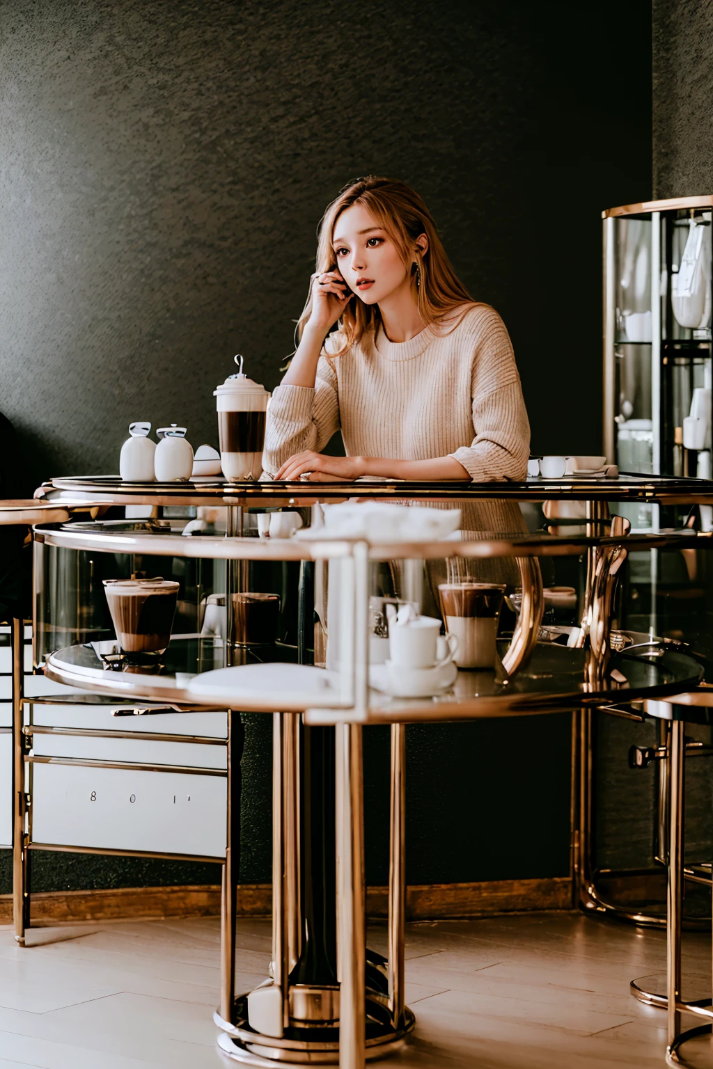 ((masterpiece, Highest quality, Best image quality, High resolution, Realistic, RAW Photos, 8k)), ((Highly detailed CG synthesis 8k wallpaper)), Incredible beauty, Perfect Proportions, Beautiful body, Slim body beauty:1.4),  suit　Coffee Shop　blond Woman　A woman drinking coffee at a counter seat　woman in her 30s　Our eyes meet and we smile