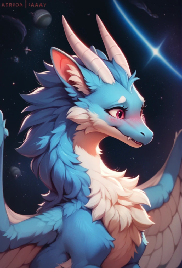 furry art, feral, furred dragon, female, portrait, white and blue fur, thicc, wings, horns, tail, chest fluff, paws, fangs,  ton back,  embarrassed, happy,  staring off into space, extra fluffy,  staring off into space, extra fluffy, quadruped, 