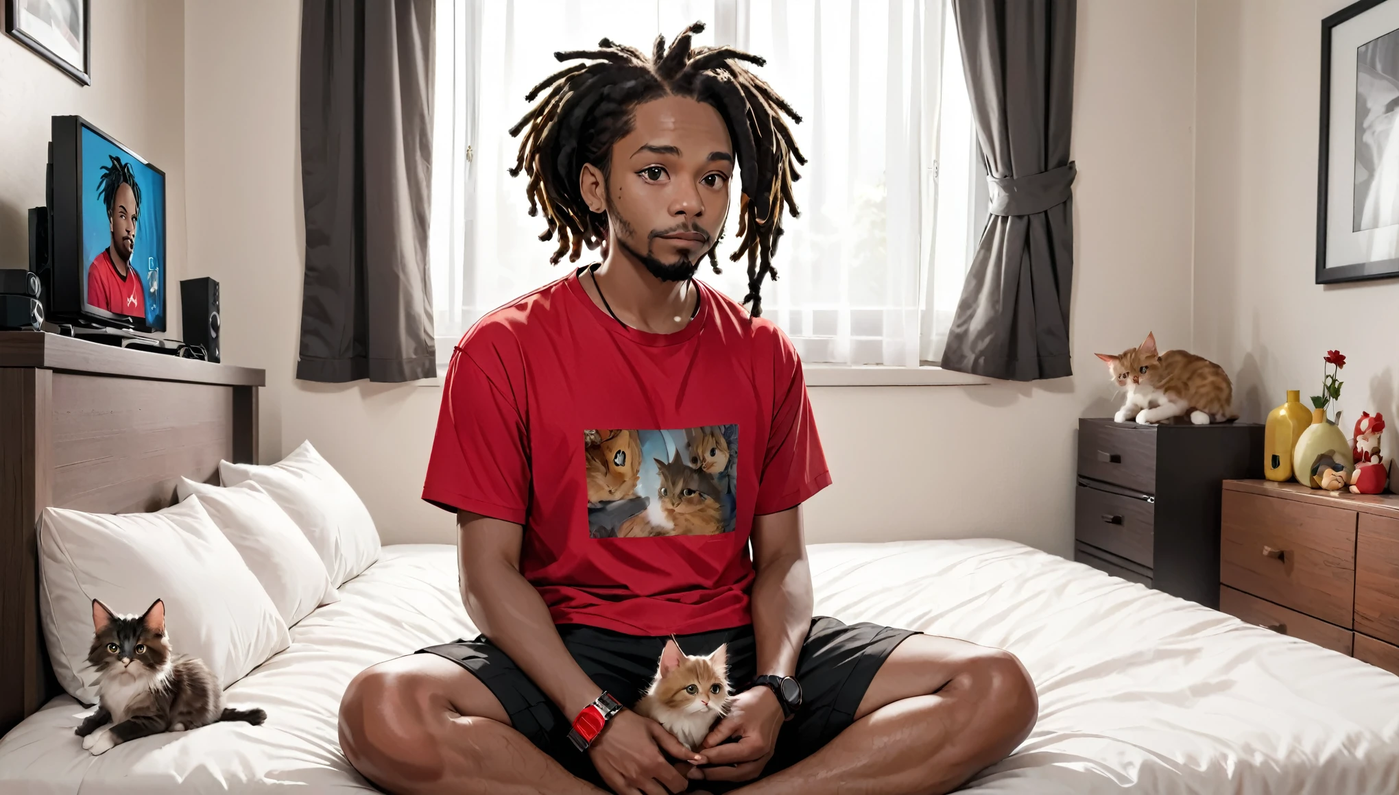 a black adult male with dreadlocks, red watch, red shirt, black shorts, sitting on bed watching tv, 2 kittens on bed, 