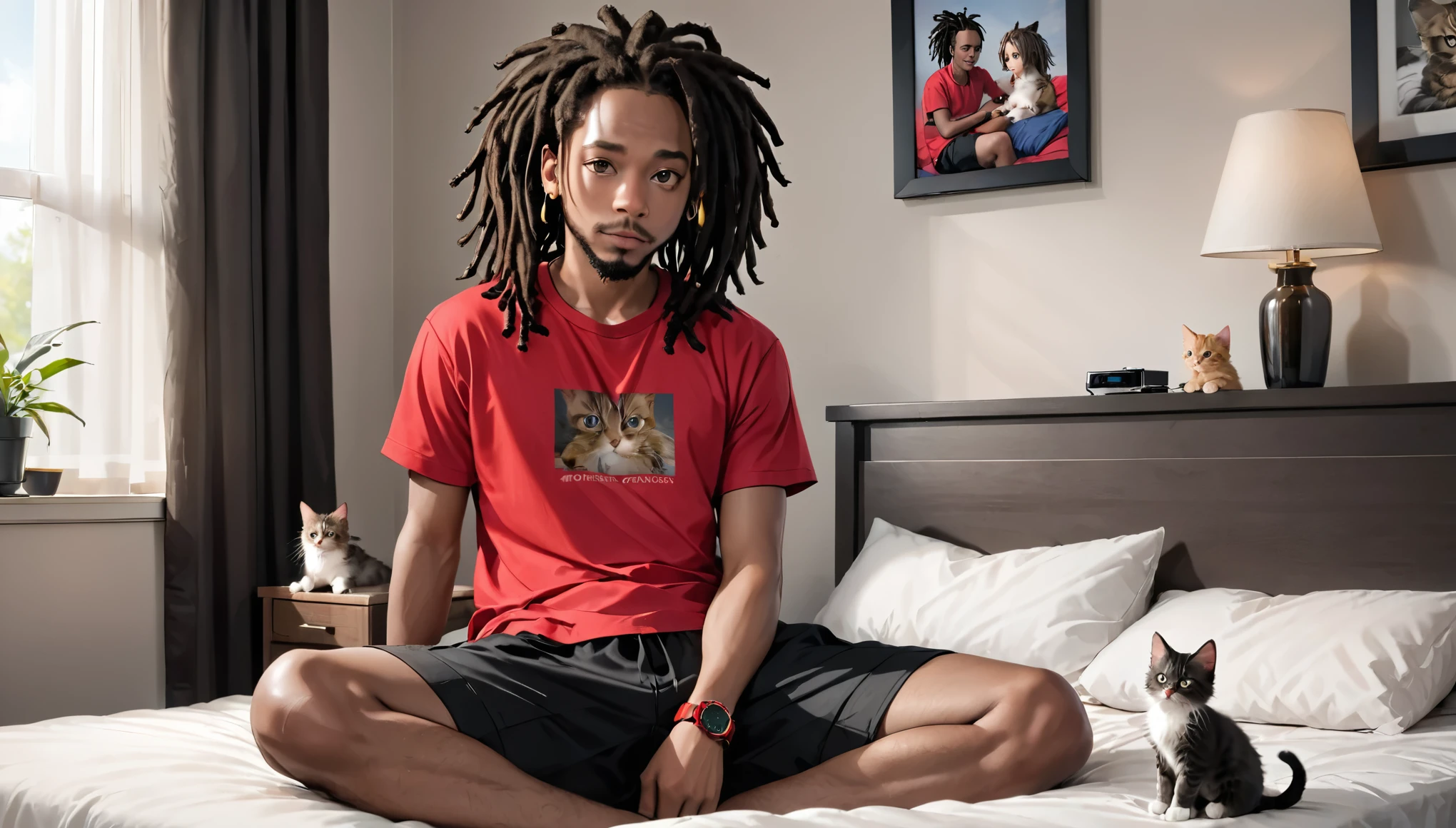 a black adult male with dreadlocks, red watch, red shirt, black shorts, sitting on bed watching tv, 2 kittens on bed, 