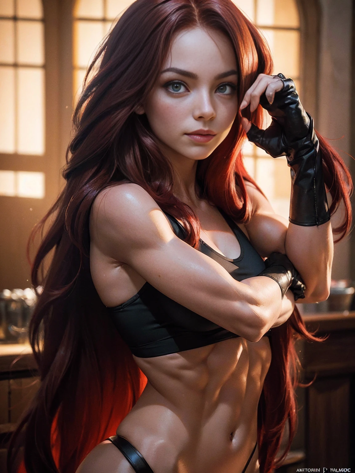 Stunning, (flexing bicep pose:1.5), (long flowing red hair:1.5), greeneyes, seductively smiling, flirtatious, abs, Real Life, full bodyshot, (Ultra Realistic:1.4), Photorealism, Photography, 8K UHD, Photo, HDR, Complex, Highly Detailed, Sharp Focus, Stunning, Beautiful, (Gorgeous: 1.2), Best Quality 1:1, Ultra Detail: 1.4, Best Shadows, (8k: 1.1), (beautiful detailed face), high contrast, (perfect lighting: 1.2), ((cinematic light)), colorful, hyper-detail, dramatic light, intricate detail, photograph by arny freytag, glamorous, (realistic, photo-realistic:1.37),(8k, RAW photo, best quality, masterpiece:1.2), side view 