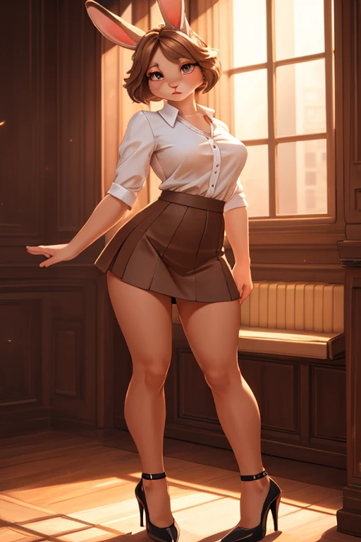 A detailed, cute rabbit girl with light brown fur, wearing a short, tight skirt, low-cut blouse, and high heels, full body shot, beautiful detailed eyes, beautiful detailed lips, extremely detailed eyes and face, long eyelashes, dynamic pose, soft lighting, warm color tones, 8k, best quality, masterpiece, highly detailed, photorealistic