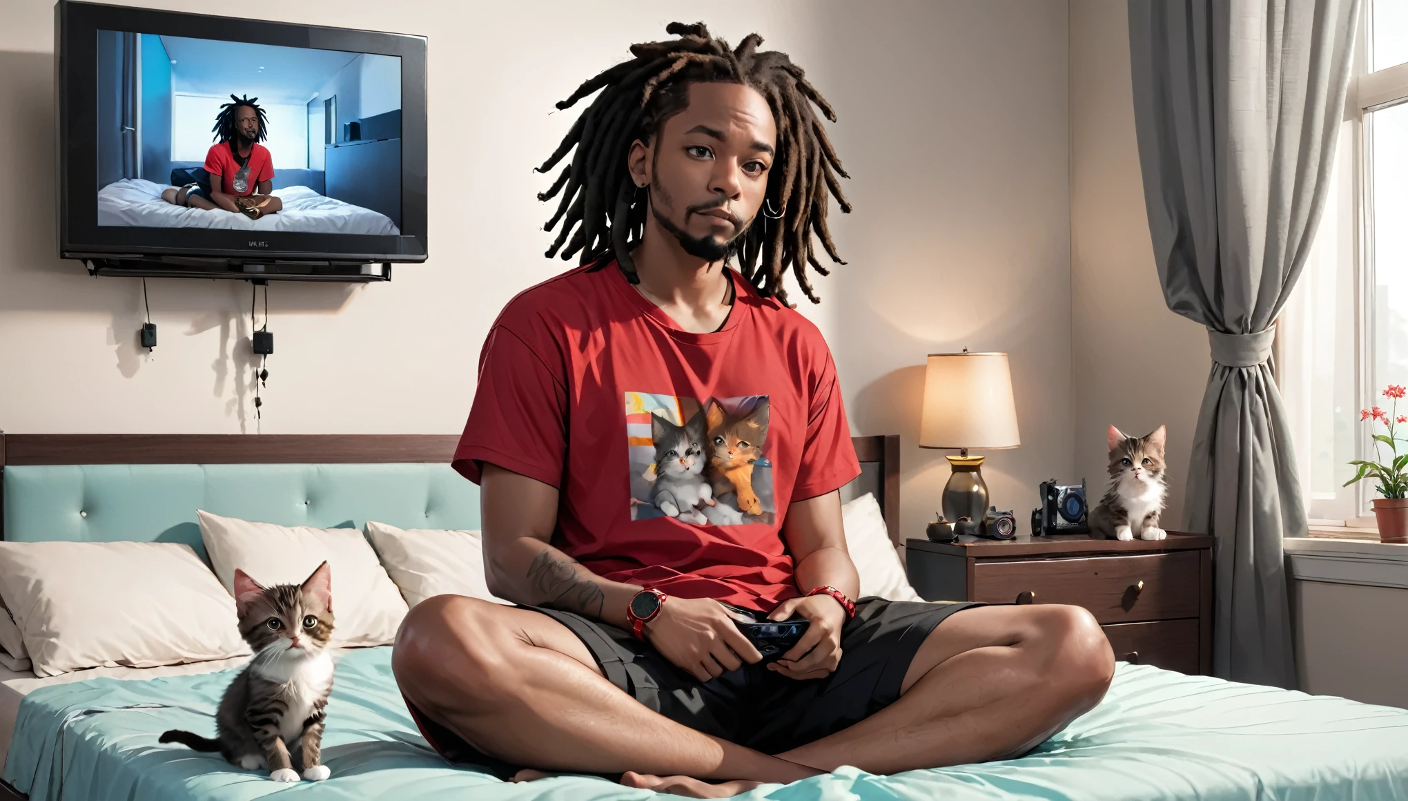 a black adult male with dreadlocks, red watch, red shirt, black shorts, sitting on bed watching tv, 2 kittens on bed, 