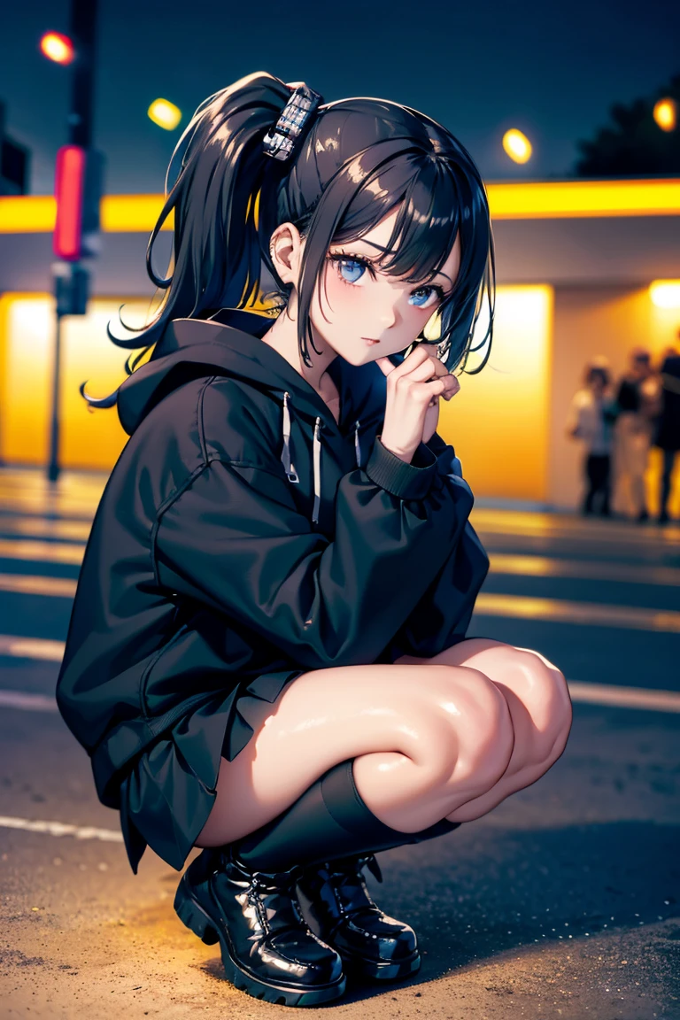 She is wearing a black jacket and a black skirt for the photo., Fluffy ponytail,Put your boots on,Wear a jacket, cyber future jacket, Bright Cyberpunk Glow, Egirl, and , Cyberpunk Anime in hoodie, wearing Cyberpunk Streetwear, Cyberpunk Anime, Cyberpunk Streetwear,Photos of women in techwear,Cyberpunk Style,Extreme Taggart