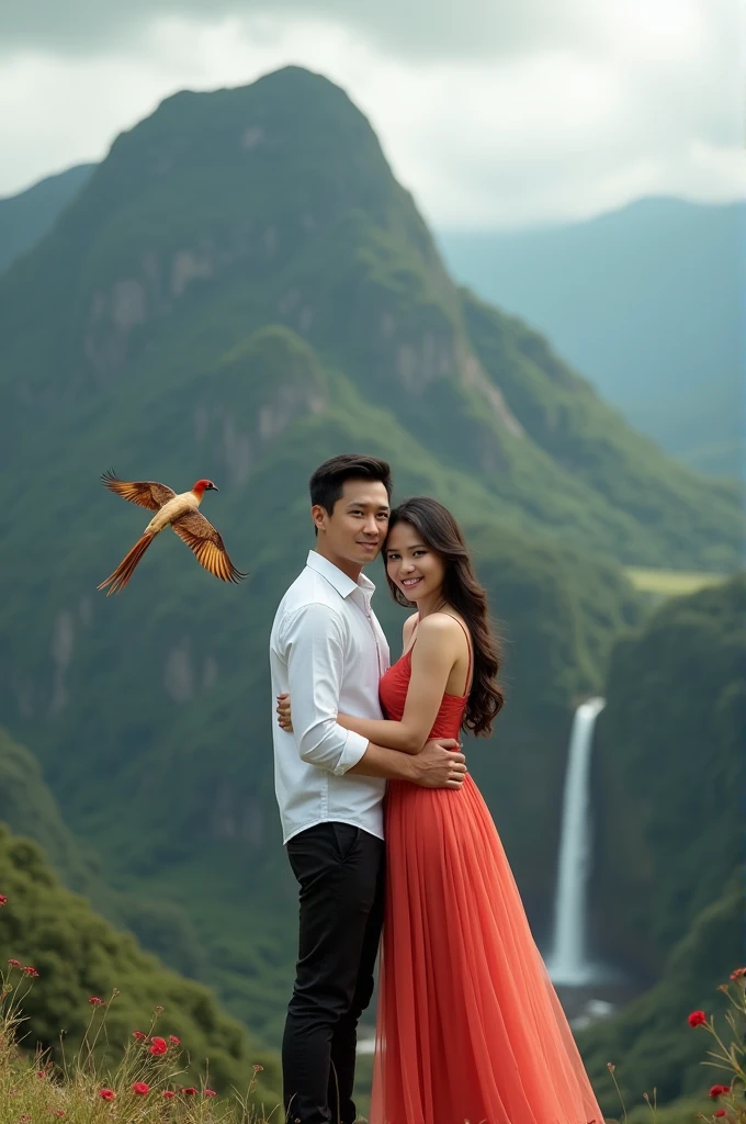 Indonesian romantic couple; man with short black hair; woman with long straight black hair, watch, wearing romeo and juliet outfit riding a white horse on Mount Bromo Mountain Indonesia, stunning surrealist view of the Mountain, lens flare, wind breeze, stunning depictation blue sky, smiling, beautiful romantic pose, hugging tight, look like a romeo and juliet, facing the camera, Fullshot, long distance lens, Taken using Sony Alpha α7CR, photorealistic, 1536px, high quality.