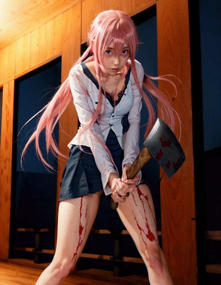 anime girl with pink hair holding a bloody ax in a room, yandere. tall, gapmoe yandere, yandere, gapmoe yandere grimdark, reisen udongein inaba, mirai nikki, yandere intricate, portrait gapmoe yandere grimdark, 4 k manga wallpaper, ( ( ( anime ) ) ), demon anime girl