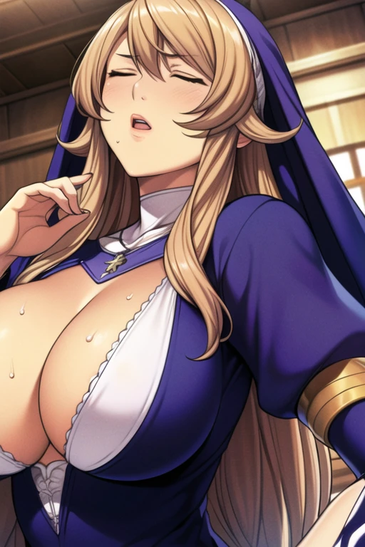 
[official art],sigui \(queens blade r\), nun, 20yo,young female, brown long hair, bangs, green eyes, purple cape on her head, purple outfit, cleavage cutout, cleavage, puffy sleeves, jewelry, necklace,(short torso),rarge breasts,bare breasts,nipples,(orgasm face),open mouth,Glowering look,ecstasy,blush, (man:1.3), (vaginal penis), hetero, (lying:1.4), (girl spread legs:1.4), (intense Sex:1.6),raise a waist (cum out), (on bed), sunlight, nsfw, (pov),
