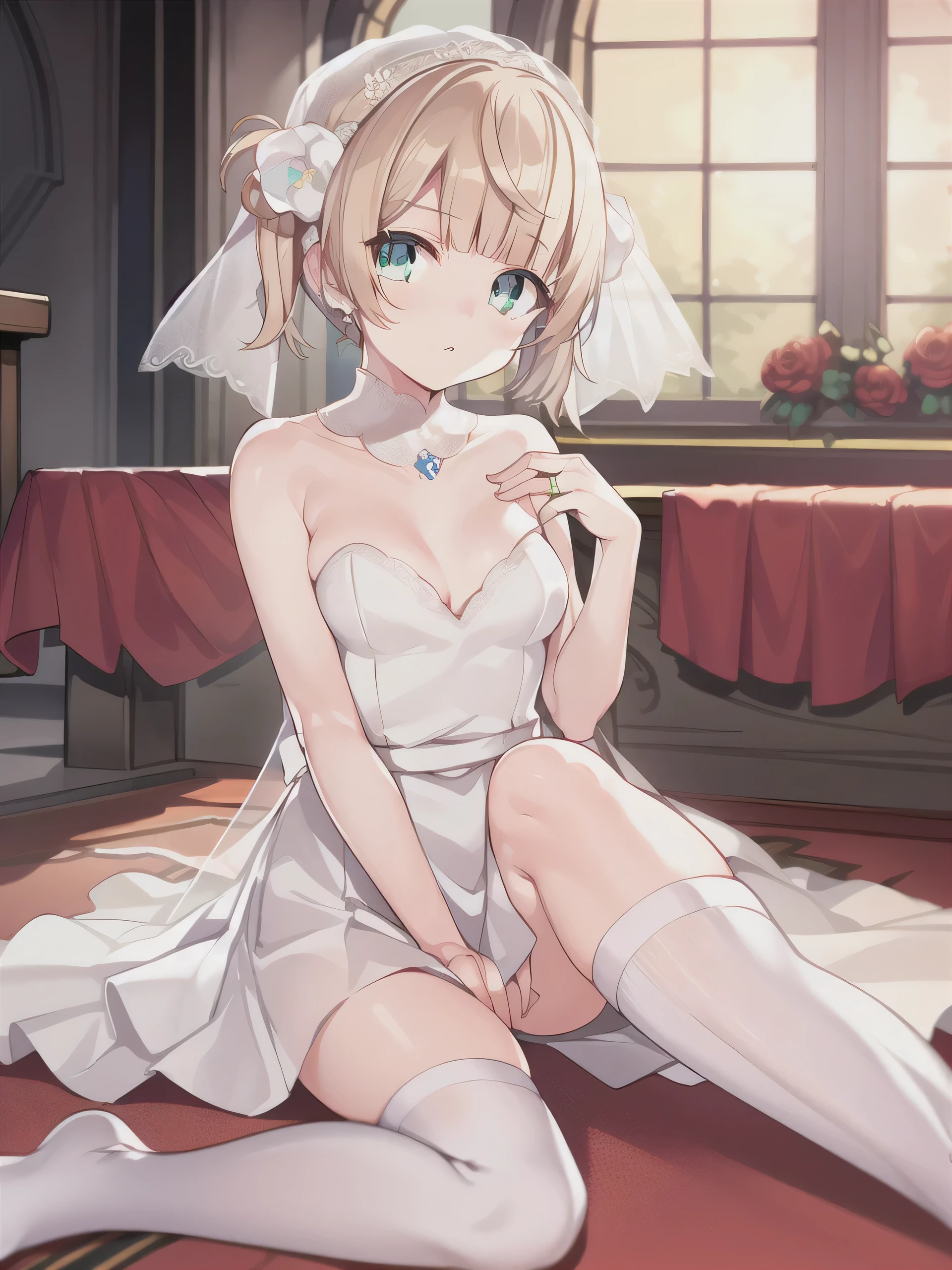 A girl，short hair, bangs, blond hair, Hair between the eyes, Green eyes，Double ponytail，Green eyes:（1.5),  (Medium breasts:1.2), 
rest clavicle, Wedding dress，veil，wedding，White Dress，Flowers，The skirt is broken，White socks，White knee socks，
Looking at the audience, whole body,
indoors, church，Everlasting，Everlasting，
rest (masterpiece:1.2), best quality, high resolution, Unity 8K wallpaper, (illustration:0.8), (Beautiful and delicate eyes:1.6), Extremely detailed face, Perfect lighting, Extremely detailed CG, (Perfect hands, Perfect anatomical structure),