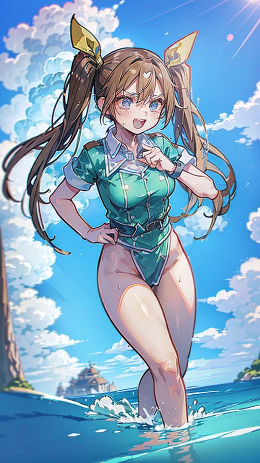 DRAGON BALL,kamehame_wave,kamehameha_kamehame_ha,tone,/(kantai_collection/),(((Having fun splashing around in the water at the beach))),in uniform,twintail_hair,closed_one_eye