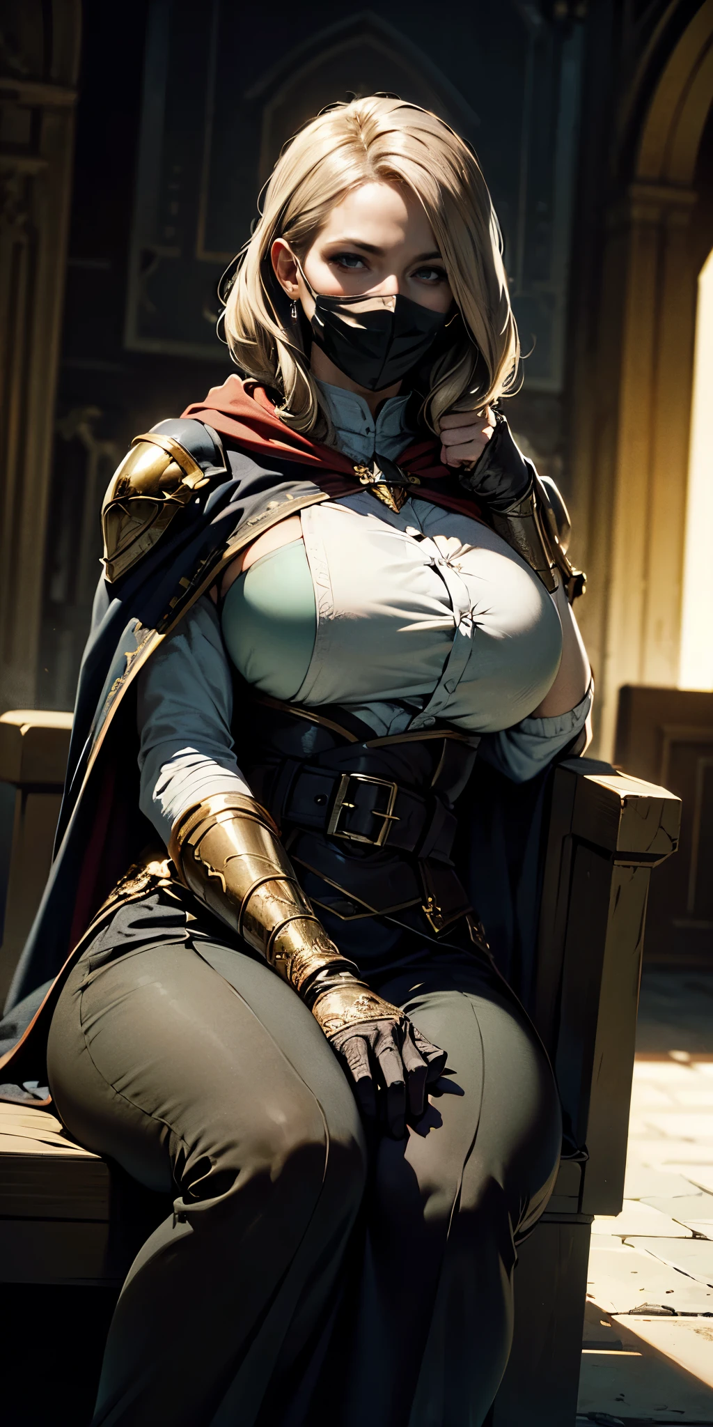 (masterpiece, best quality, absurdness, 4k, aesthetic, detailed, intricate, perfect lighting) cinematic angle, 1sologirl, sitting on throne, elbow rest, castle interior, mask, hood, cape, belt, armor, cloak, red gloves gauntlets, bkcrown