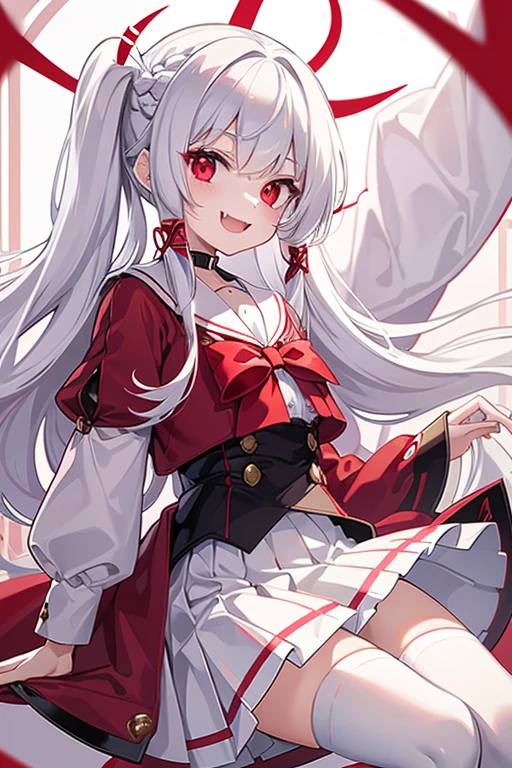 Vampire, red ribbon sailor shirt, red eyes, white skirt, white hair, french braid, white thighhighs, fangs, mischievous smile