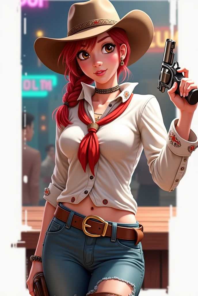 (((NSFW:1.9))),(((Nude:1.9))),score_9, score_8_superior, score_7_superior, とてもbeautiful, sauce_anime, detailed, high quality, beautiful, masterpiece, detailed eyes,Night Bar,((Crying face:1.2)) Hat Adjustment,Redhead,ponytail,blue eyes,freckles,((Watch on wrist:1.2)),((Brown gun belt with holster:1.2)),((Cowboy hat)),((short boots)), 4K ,((膝からsuperiorのショット:1.8))