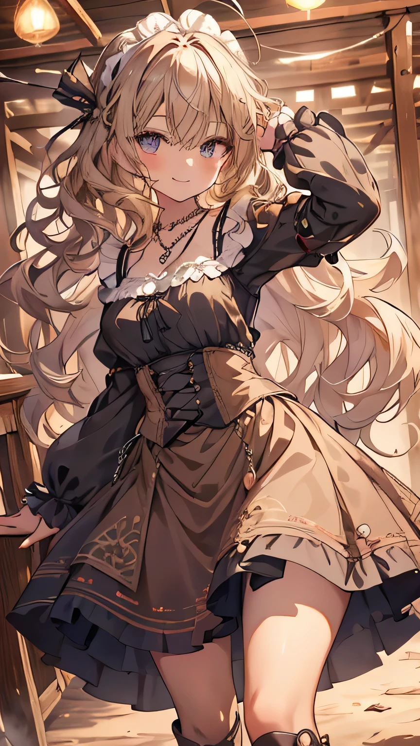 masterpiece, 1 girl, sparrow, a blonde haired girl, wearing a medieval noble clothes, curly medium hair, messy hair, slim body, he close her left eye, shirt ornament, ruby eyes, ahoge, baby face, long sleeves, beautiful eyes, boots, droopy eyes, her age is 19, nagisa_bluearchive, seductive face, medium hair, seductive smile, curly hair, MongolPunkAI, medium breasts, view from right down, she tease you, lend a hand to you, she very close to you, smug smile, rainbow_one, gothic ****ta, long flared skirt, crocth tattoo, necklace, erotic smile, she is in the barn, maid head band