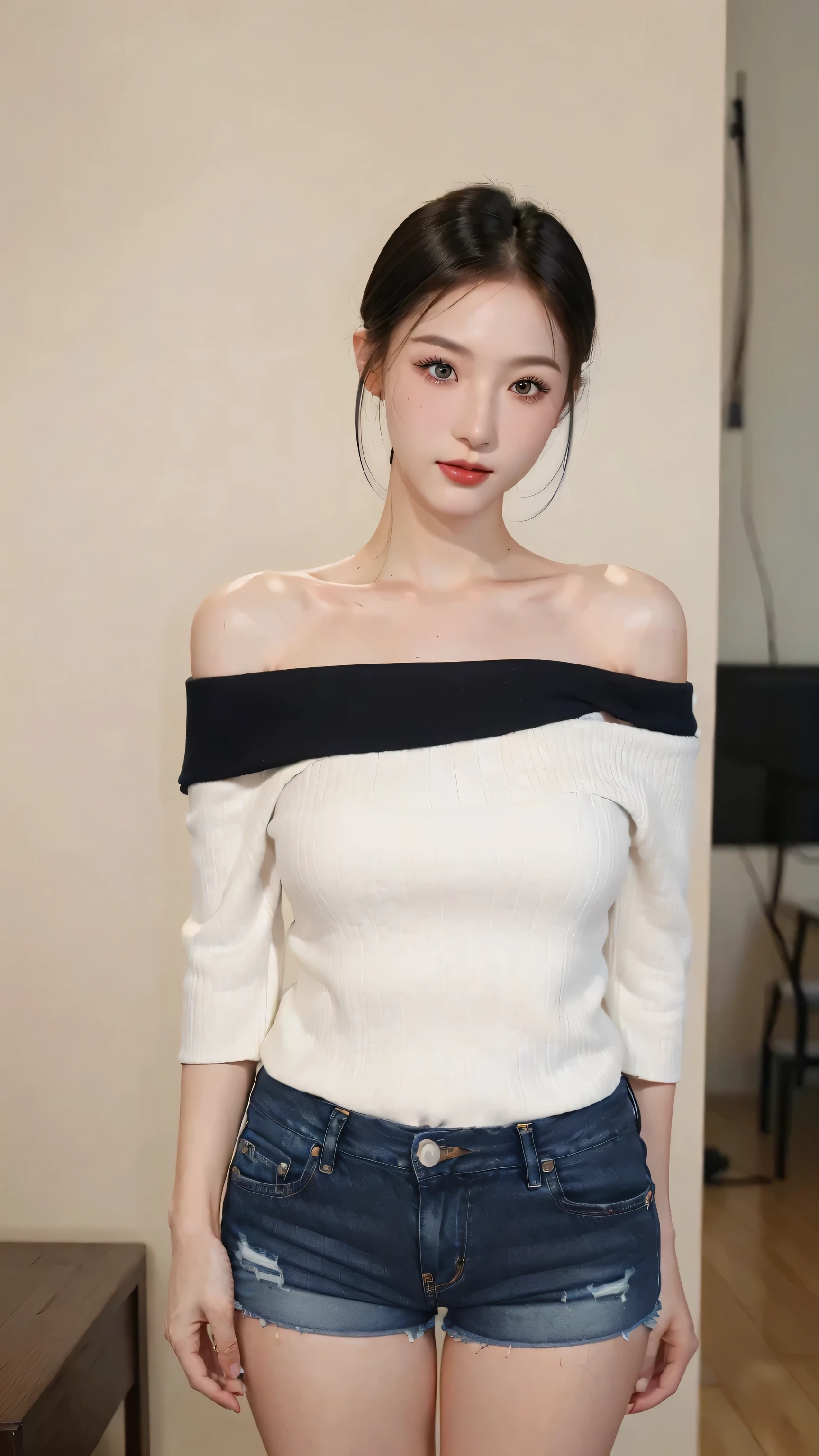 ((RAW photograph, Realistic photo, Best quality, 8K, Masterpiece: 1.3)), (raw photo:1.2), Hyperrealist portrait gorgeous Beautiful Chinese girl, young girl, 20 years old, pretty slender body, (beautiful breast: 1.2), very detailed eyes and face, (lustfully naughty face, crimson red lip, heavy makeup: 1.3, blushing), beautiful detailed eyes, seductive sharp eyes, (charming smile: 1.2), smooth white skin, photo realistic, very detailed faces, ((modern blue off shoulder top, black jeans shorts)), (long legs: 1.2, beautiful long nails), chignon hairstyle, ((standing poses)), (home living room background)