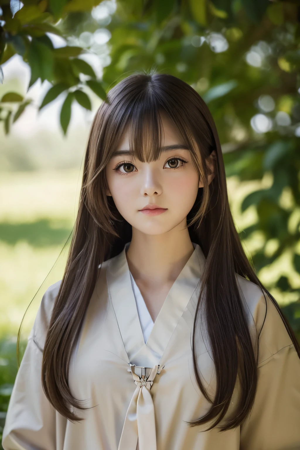 Nanashi Mumei, Owl Girl, Beautiful Girl, age 20, brown ponytail long hair, High nose, Sharp eyes, A noble and inviolable character, (([woman]: 1.2 + [beauty]: 1.2 + Long black hair: 1.2)), floating paper bag friend, background, Bright Eyes, Dynamic angles and postures, wallpaper. feather hair ornament, tree house background