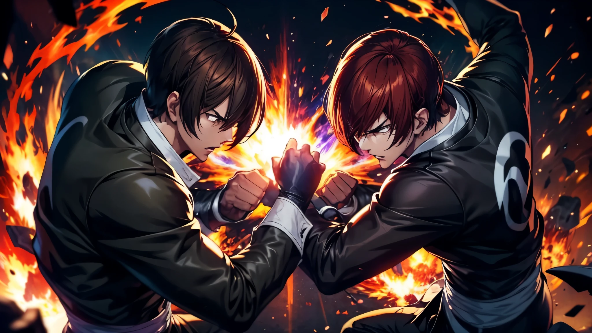 Two martial artists in a dramatic battle pose, surrounded by dynamic energy effects. The first fighter has short brown hair, wearing a black outfit with a glowing sun emblem, and is channeling fiery energy through his fists. The second fighter has red hair, wearing a black and white outfit, and is surrounded by dark, purple flames. Both characters are engaged in an intense fight, their energy clashing in the center of the scene. The background is colorido , emphasizing the glowing energy and the intensity of the battle.